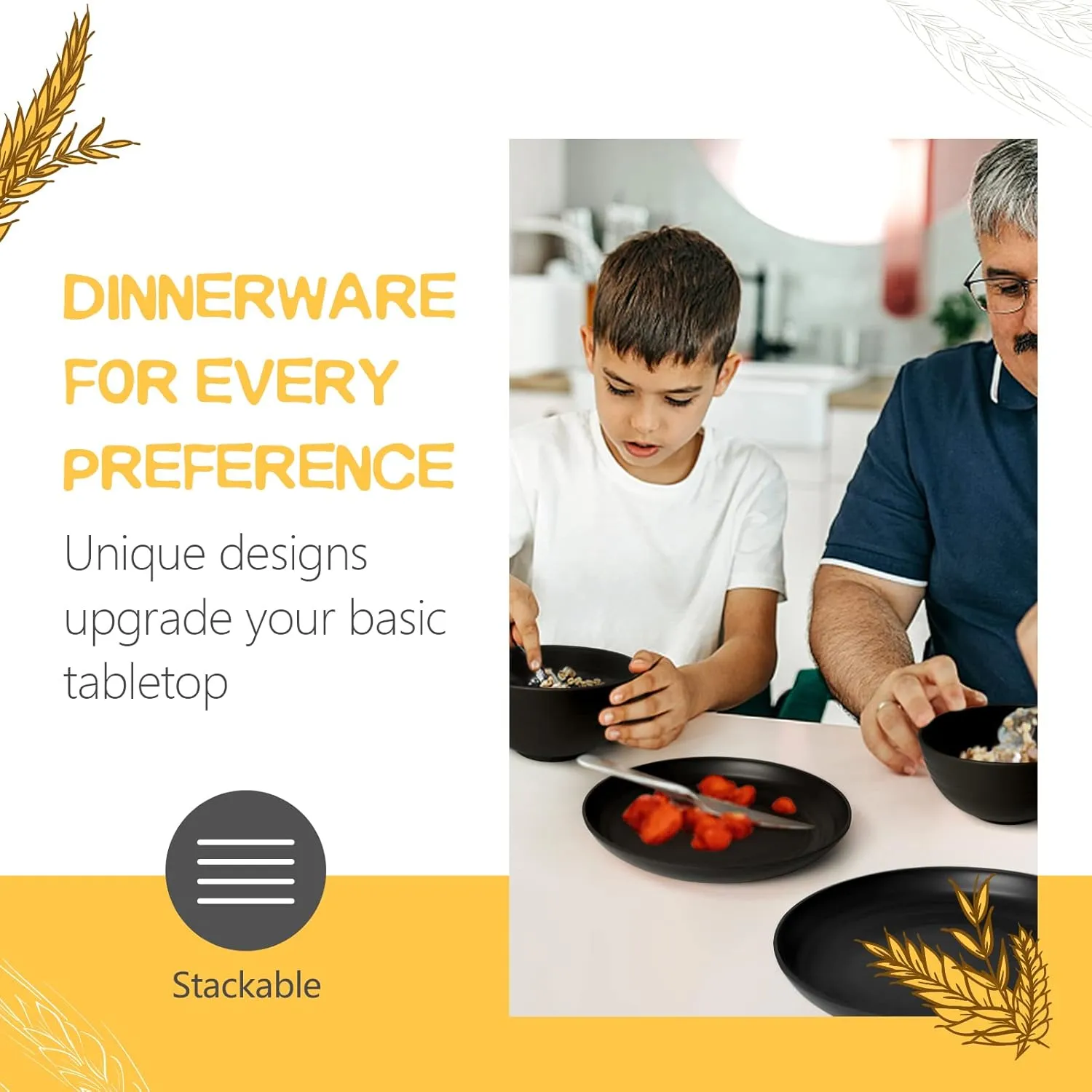 Teivio 16-Piece Kitchen Plastic Wheat Straw Dinnerware Set, Service for 4, Dinner Plates, Dessert Plate, Cereal Bowls, Cups, Unbreakable Plastic Outdoor Camping Dishes, Black Matte