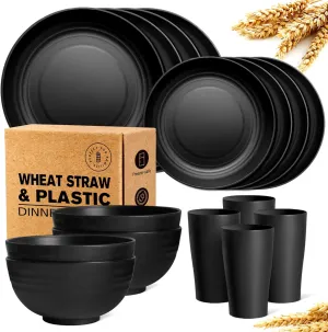 Teivio 16-Piece Kitchen Plastic Wheat Straw Dinnerware Set, Service for 4, Dinner Plates, Dessert Plate, Cereal Bowls, Cups, Unbreakable Plastic Outdoor Camping Dishes, Black Matte
