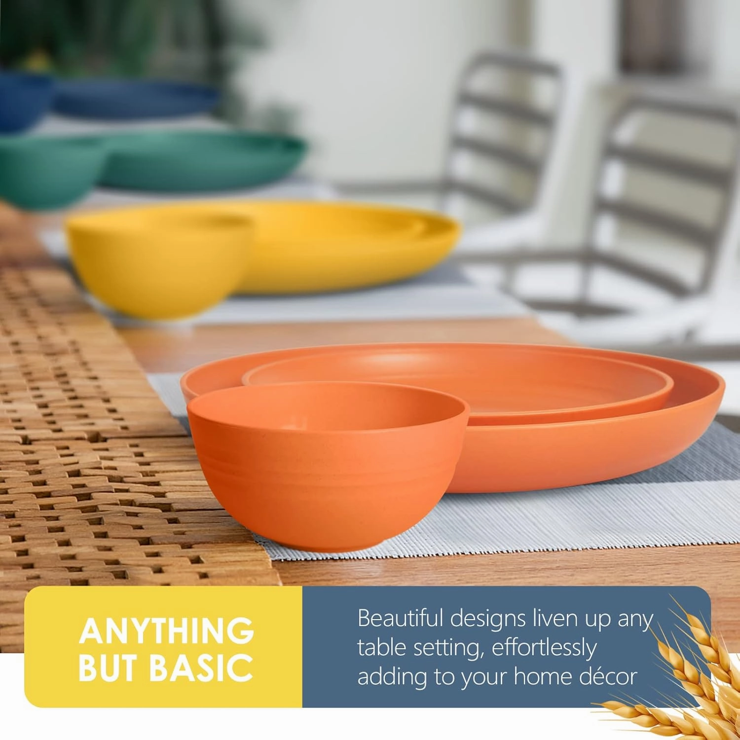 Teivio 16-Piece Kitchen Plastic Wheat Straw Dinnerware Set, Service for 4, Dinner Plates, Dessert Plate, Cereal Bowls, Cups, Unbreakable Plastic Outdoor Camping Dishes, Autumn Multicolor