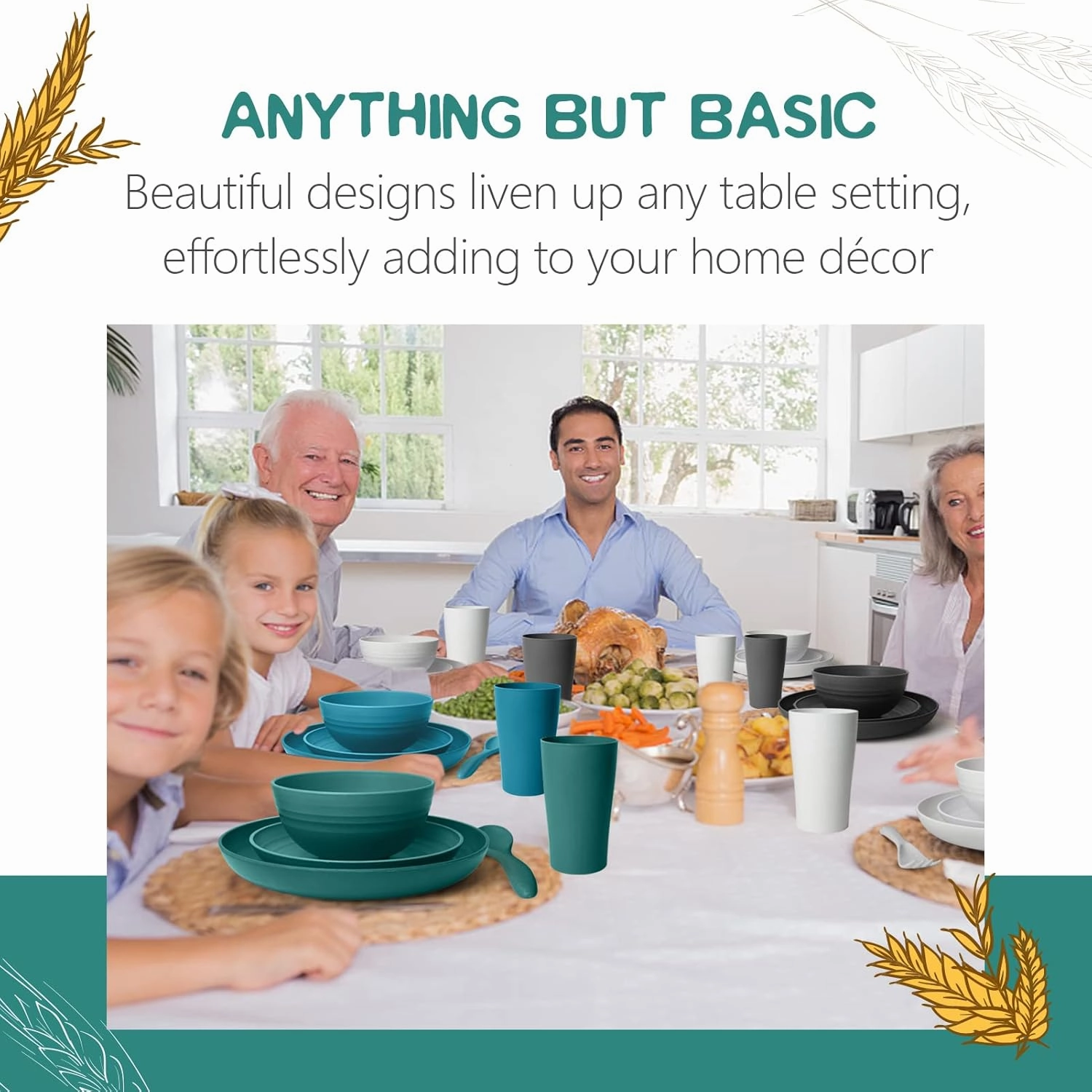 Teivio 16-Piece Kitchen Plastic Wheat Straw Dinnerware Set, Service for 4, Dinner Plates, Dessert Plate, Cereal Bowls, Cups, Unbreakable Plastic Outdoor Camping Dishes, Coastal Multicolor