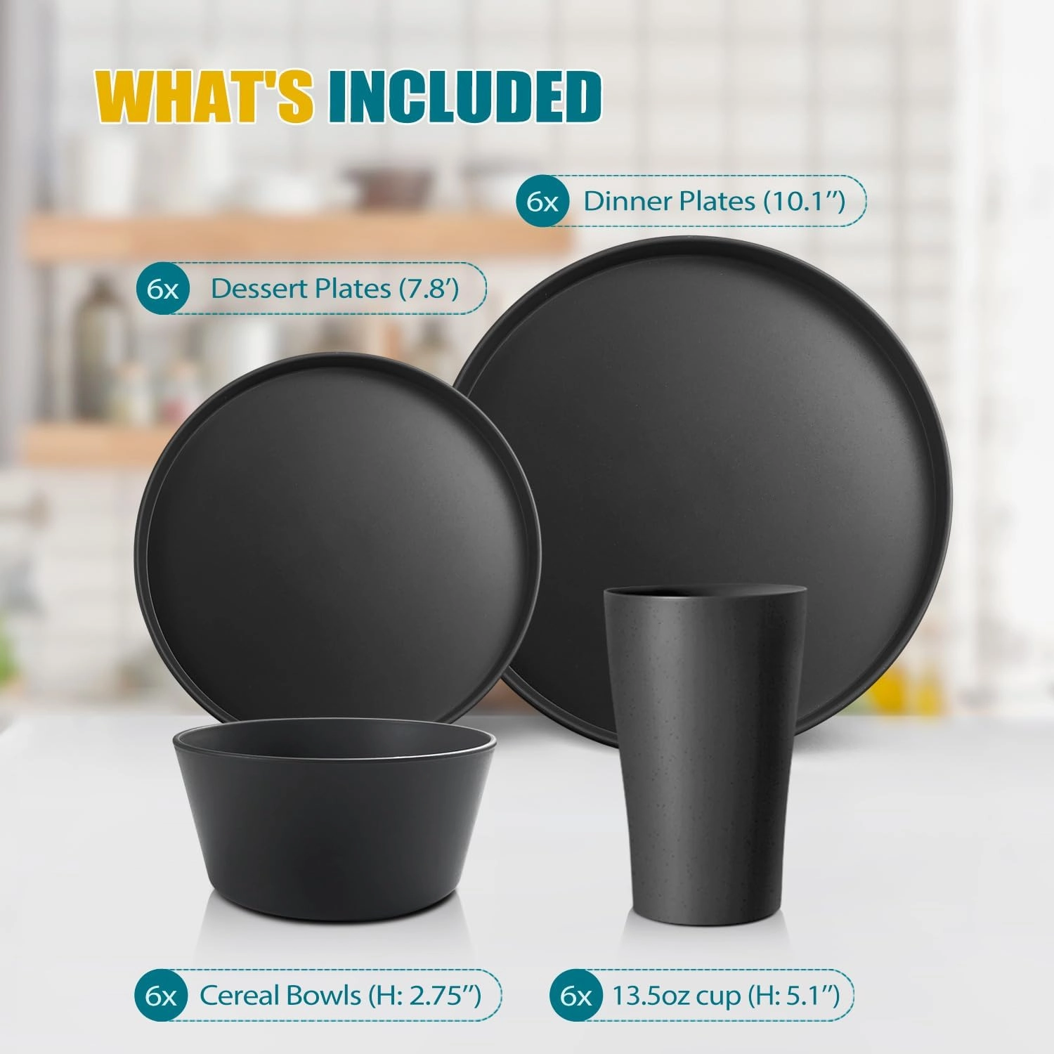 Teivio 24-Piece Kitchen Plastic Coupe Wheat Straw Dinnerware Set, Service for 6, Dinner Plates, Dessert Plate, Cereal Bowls, Cups, Unbreakable Unique Plastic Outdoor Camping Dishes, Black