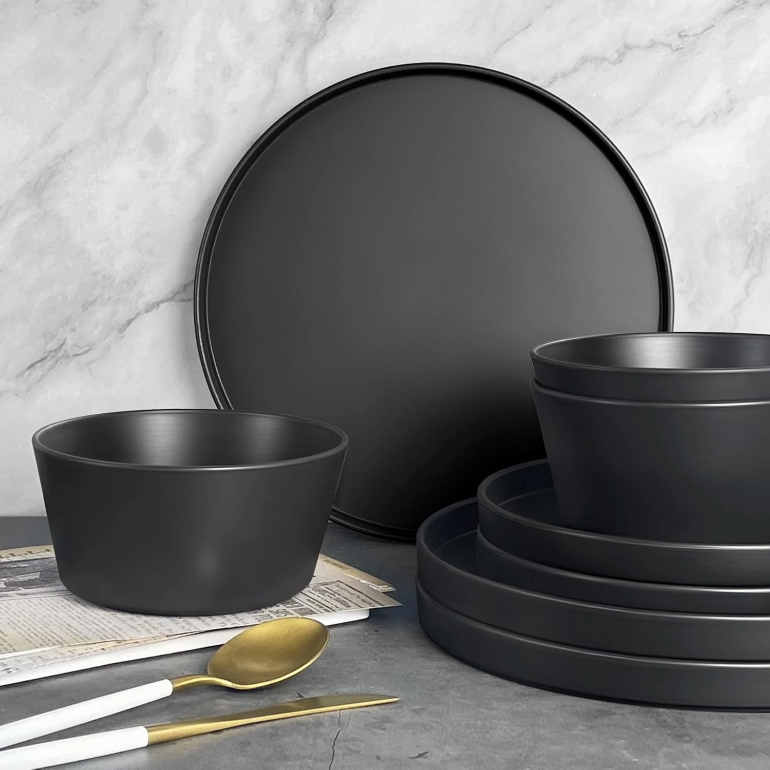 Teivio 24-Piece Kitchen Plastic Coupe Wheat Straw Dinnerware Set, Service for 6, Dinner Plates, Dessert Plate, Cereal Bowls, Cups, Unbreakable Unique Plastic Outdoor Camping Dishes, Black