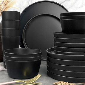 Teivio 24-Piece Kitchen Plastic Coupe Wheat Straw Dinnerware Set, Service for 6, Dinner Plates, Dessert Plate, Cereal Bowls, Cups, Unbreakable Unique Plastic Outdoor Camping Dishes, Black