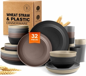Teivio 32-Piece Kitchen Plastic Wheat Straw Dinnerware Set,Service for 8,Unbreakable Plates, Bowls and Cups Set,Farmhouse Outdoor Camping Dishes for Rustic Life/Country/Vintage,Aesthetic Multicolor