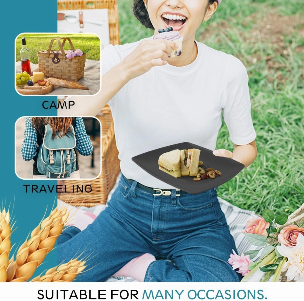 Teivio 32-piece Plastic Wheat Straw Square Dinnerware Set for 8, Unbreakable Dinner Plates, Salad Plates, Snack Bowls, Tumblers 20 oz, Dishwasher Safe, Aesthetic