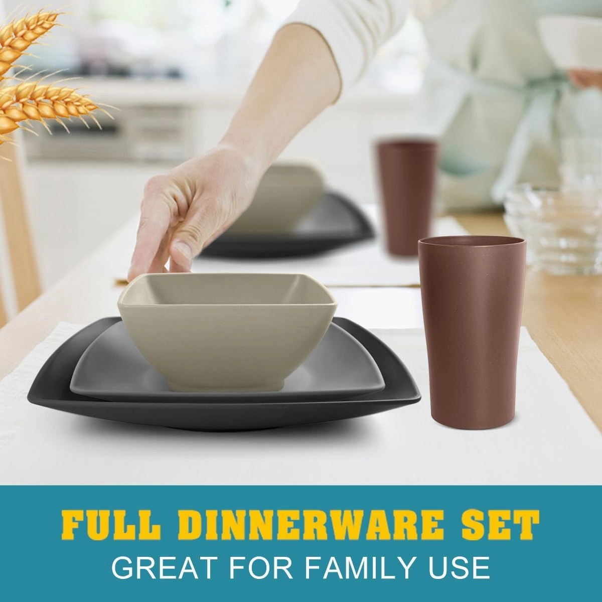 Teivio 32-piece Plastic Wheat Straw Square Dinnerware Set for 8, Unbreakable Dinner Plates, Salad Plates, Snack Bowls, Tumblers 20 oz, Dishwasher Safe, Aesthetic
