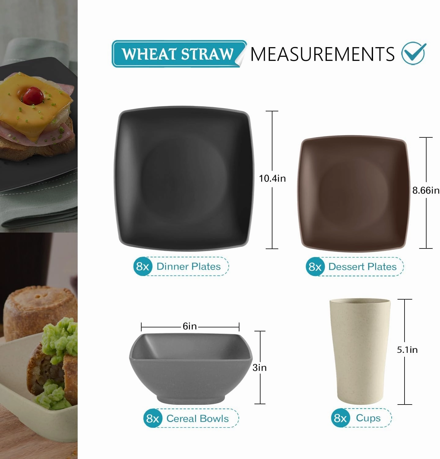 Teivio 32-piece Plastic Wheat Straw Square Dinnerware Set for 8, Unbreakable Dinner Plates, Salad Plates, Snack Bowls, Tumblers 20 oz, Dishwasher Safe, Aesthetic