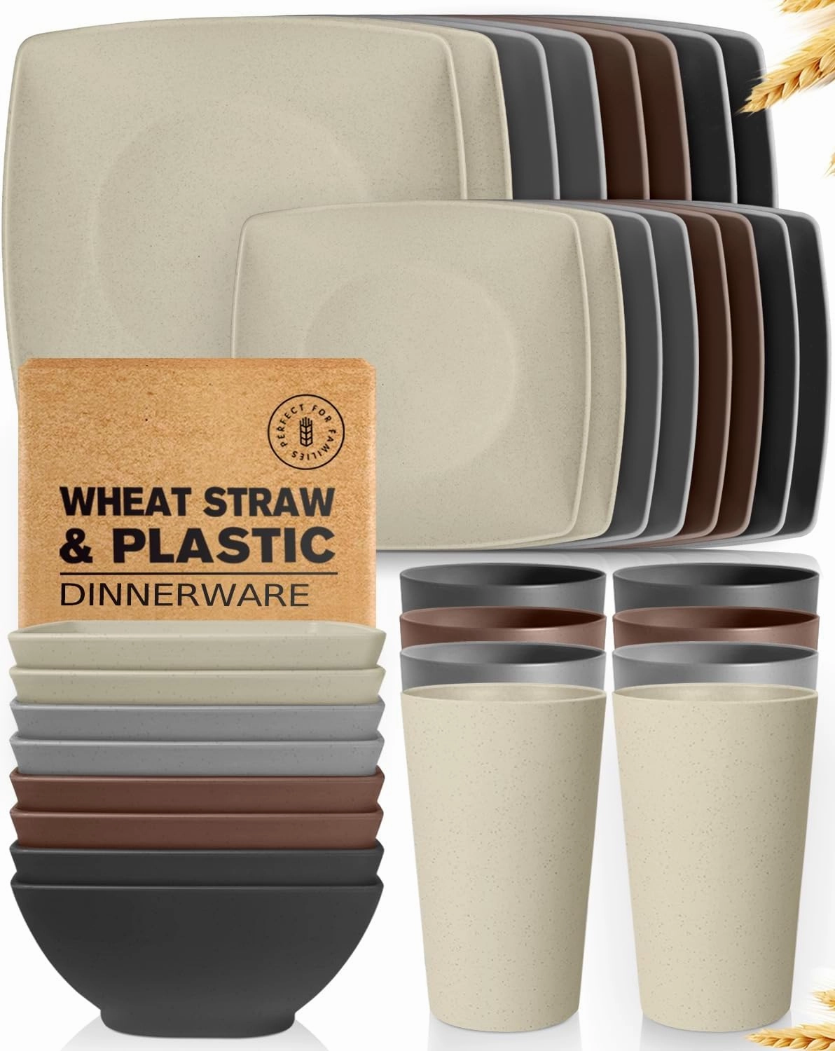 Teivio 32-piece Plastic Wheat Straw Square Dinnerware Set for 8, Unbreakable Dinner Plates, Salad Plates, Snack Bowls, Tumblers 20 oz, Dishwasher Safe, Aesthetic
