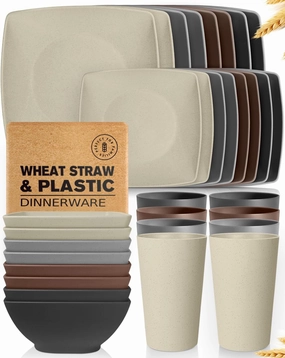 Teivio 32-piece Plastic Wheat Straw Square Dinnerware Set for 8, Unbreakable Dinner Plates, Salad Plates, Snack Bowls, Tumblers 20 oz, Dishwasher Safe, Aesthetic