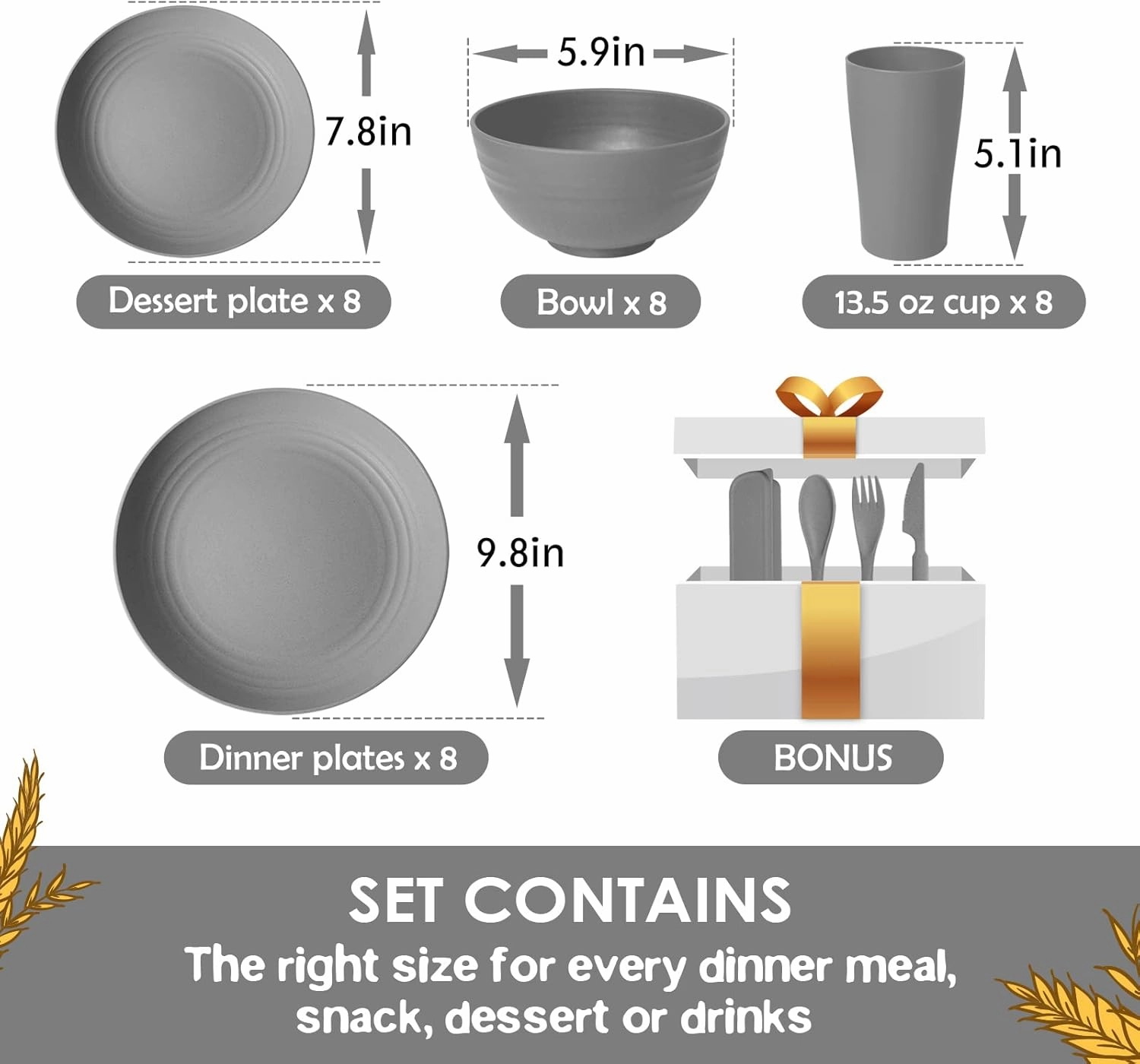 Teivio 32-Piece With Flatware Kitchen Plastic Wheat Straw Dinnerware Sets, Service for 8, Dinner Plates, Dessert Plate, Cereal Bowls, Cups, Unbreakable Plastic Outdoor Camping Dishes, Grey