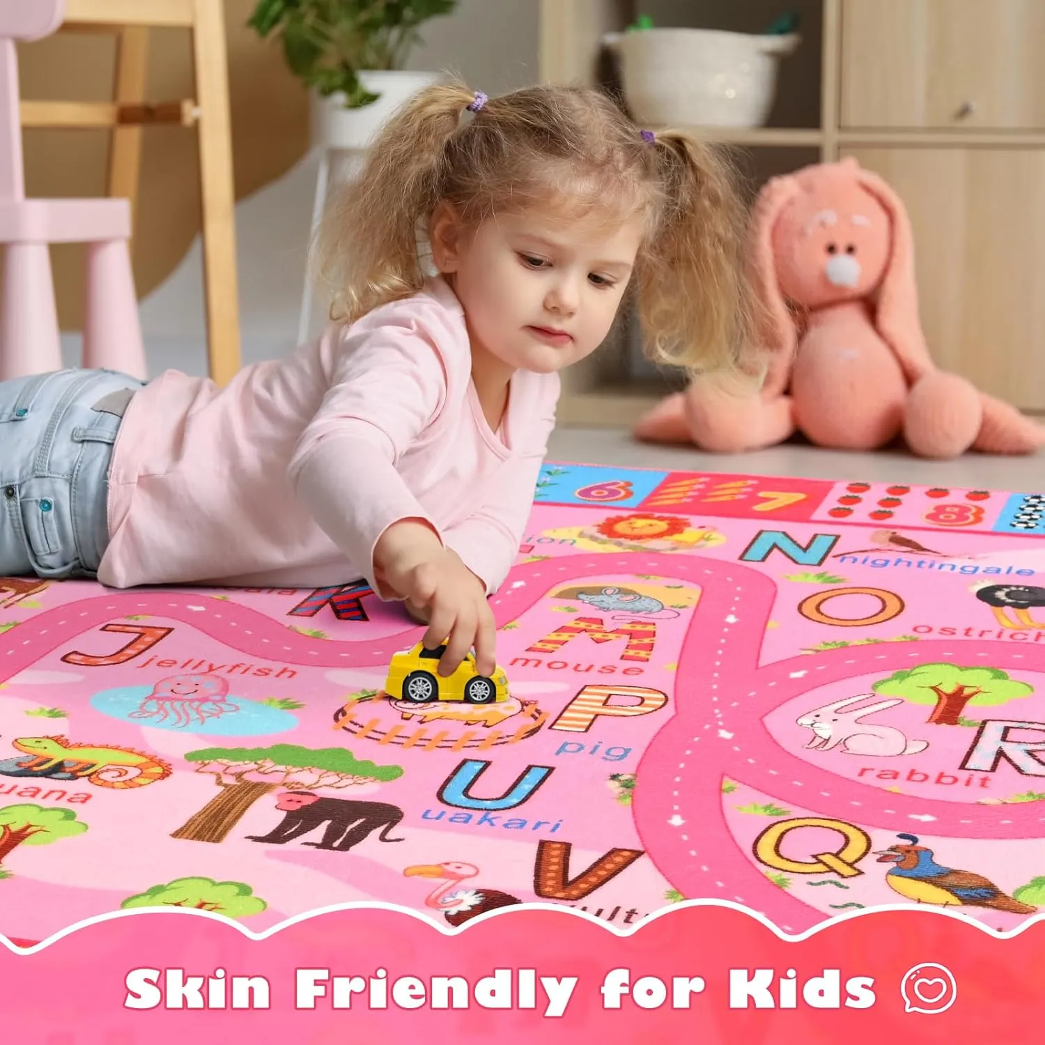 Terrug Kids Rug for Playroom, Educational Classroom Rug for Kids Room, Washable Nursery Rugs Non Slip Playroom Rugs Play Mat for Learning ABC Carpet, Numbers, Animal, Colors, Season, 3X5 Feet, Pink