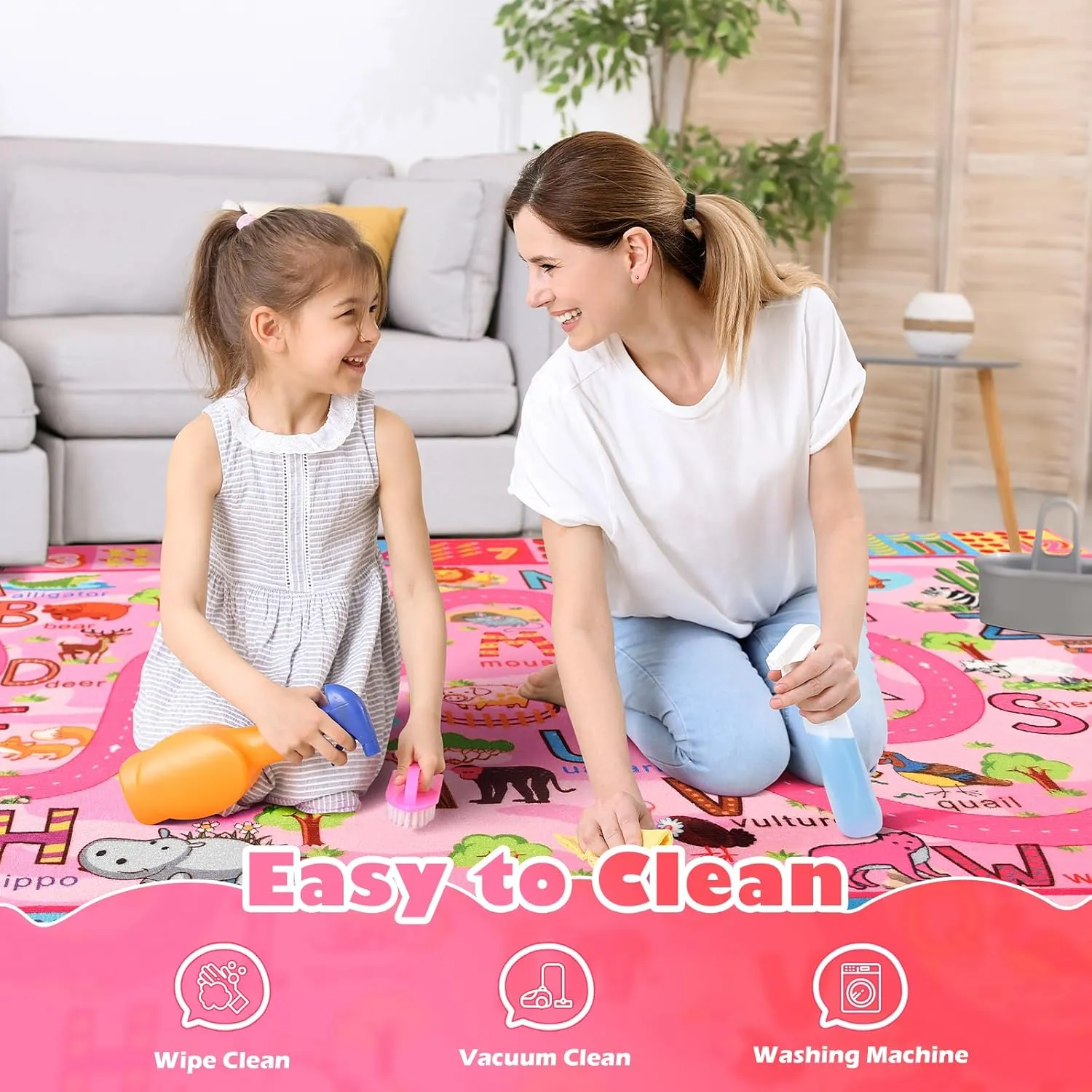 Terrug Kids Rug for Playroom, Educational Classroom Rug for Kids Room, Washable Nursery Rugs Non Slip Playroom Rugs Play Mat for Learning ABC Carpet, Numbers, Animal, Colors, Season, 3X5 Feet, Pink