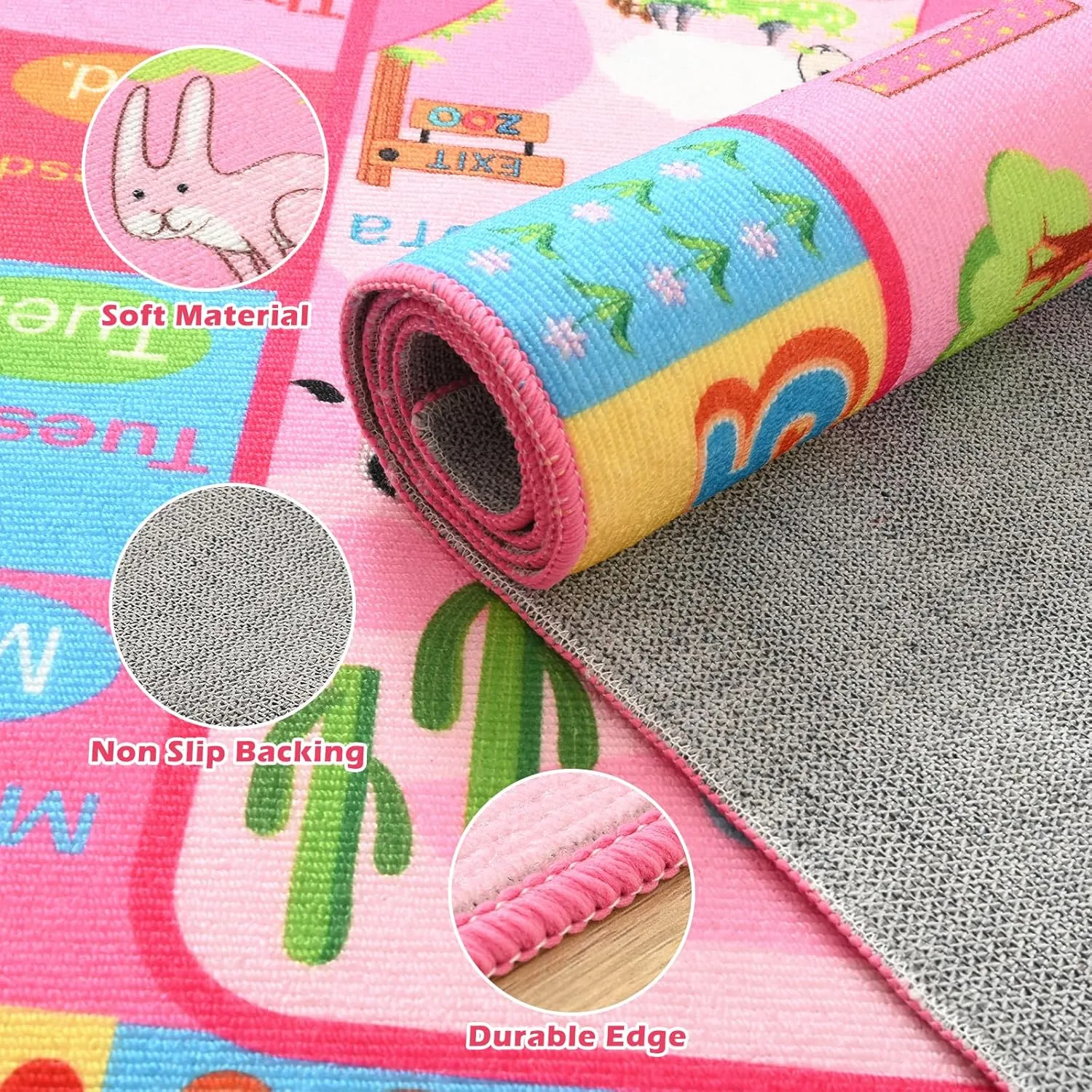 Terrug Kids Rug for Playroom, Educational Classroom Rug for Kids Room, Washable Nursery Rugs Non Slip Playroom Rugs Play Mat for Learning ABC Carpet, Numbers, Animal, Colors, Season, 3X5 Feet, Pink