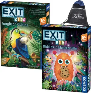 Thames & Kosmos Exit: The Game Kids Bundle - Riddles in Monsterville and Jungle of Riddles with Exclusive Drawstring Bag