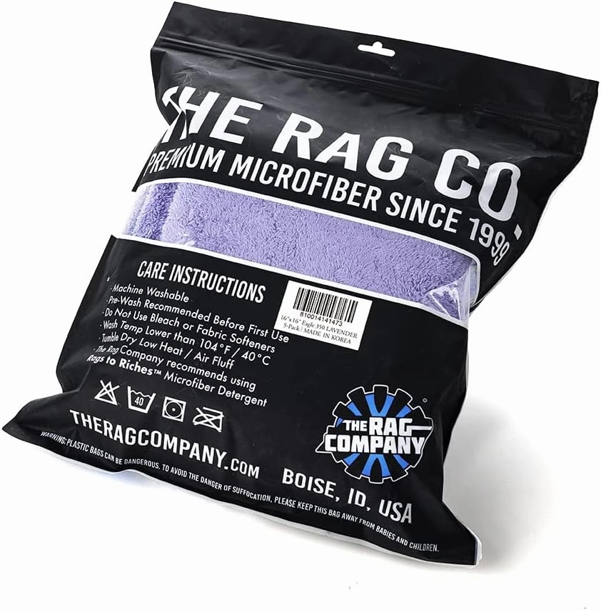 The Rag Company - Eagle Edgeless 350 (5-Pack) Professional Korean 70/30 Blend Super Plush Microfiber Detailing Towels, 350GSM, 16in x 16in, Lavender