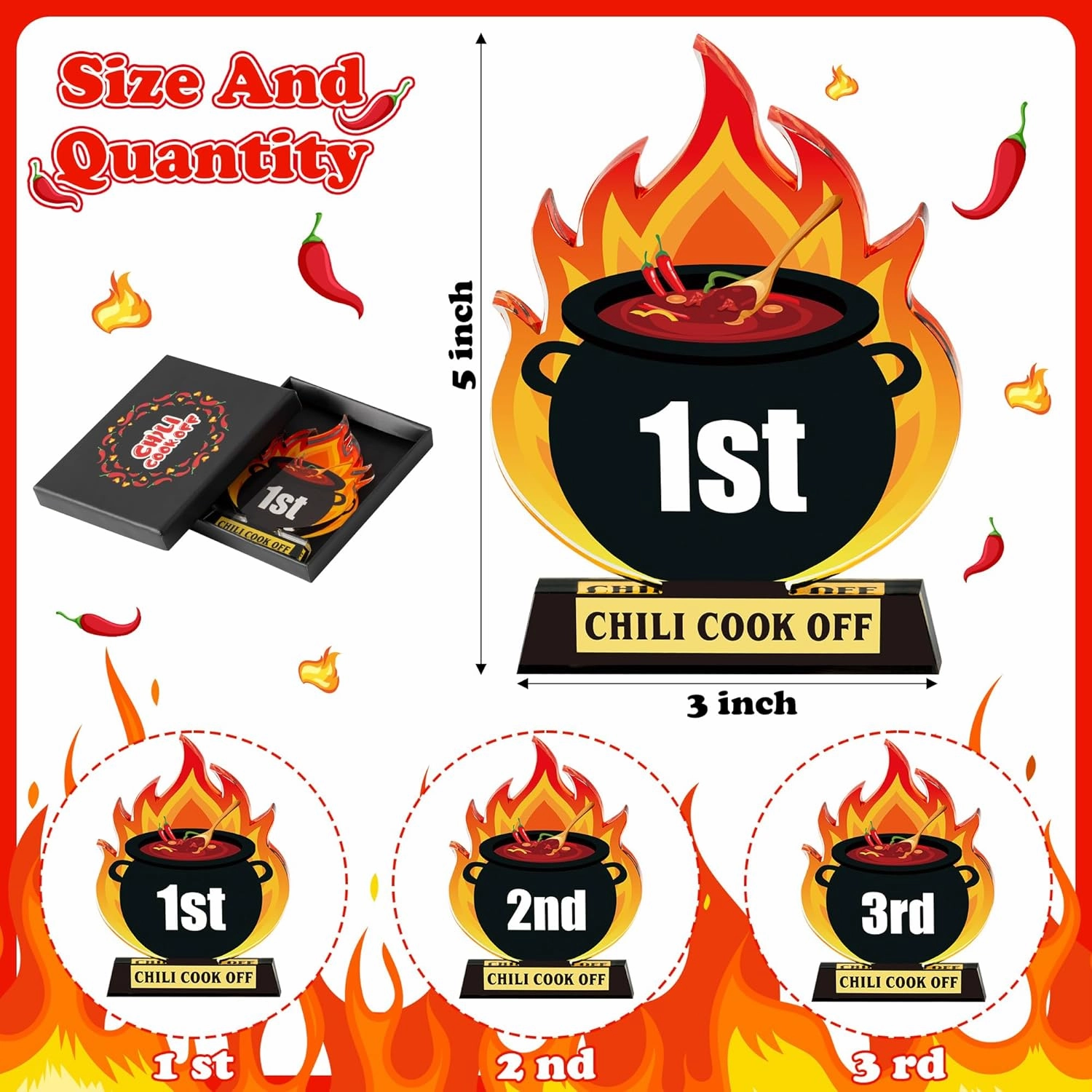 TICIAGA Chili Cook Off Trophies - 3Pcs Chili Pepper Acrylic Trophy Prizes Chili Cook Off Available 1st 2nd 3rd Place Medal Chili Cook Off Decoration for Table Chili Pepper Decor with Base