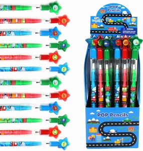 TINYMILLS 24 Pcs Transportation Stackable Push Pencil Assortment with Eraser for Party Favors Goodie Bag Stuffers VBS Classroom Rewards Pinata Fillers Carnival Prize