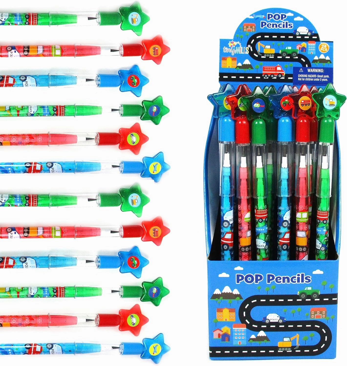TINYMILLS 24 Pcs Transportation Stackable Push Pencil Assortment with Eraser for Party Favors Goodie Bag Stuffers VBS Classroom Rewards Pinata Fillers Carnival Prize