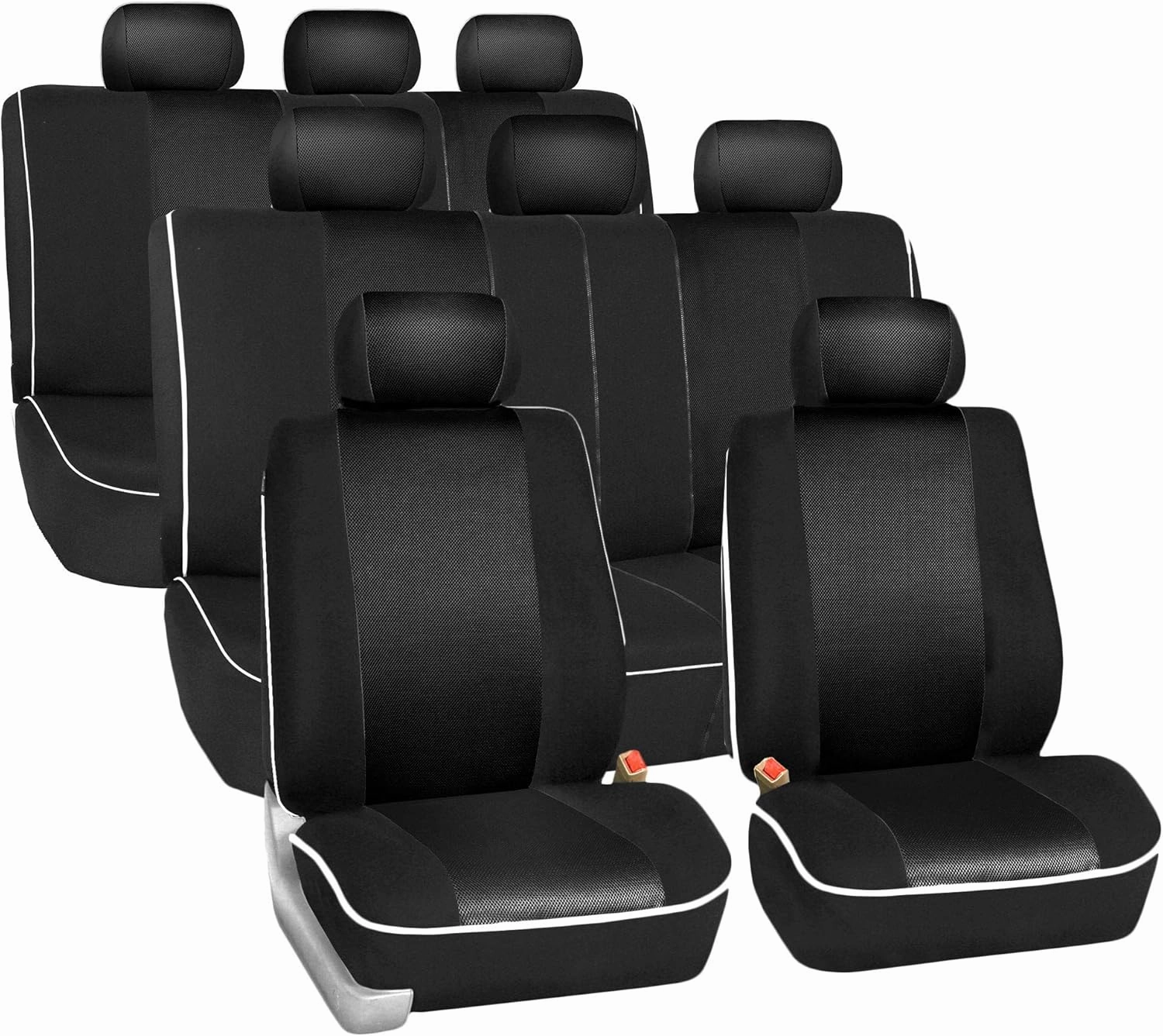 TLH Edgy Piping Style 3 Row 8 Seater Automotive Seat Covers Airbag Compatible Split Bench Car Seat Protector Black Color Universal Fit Seat Cover Set for for Cars Auto Trucks SUV