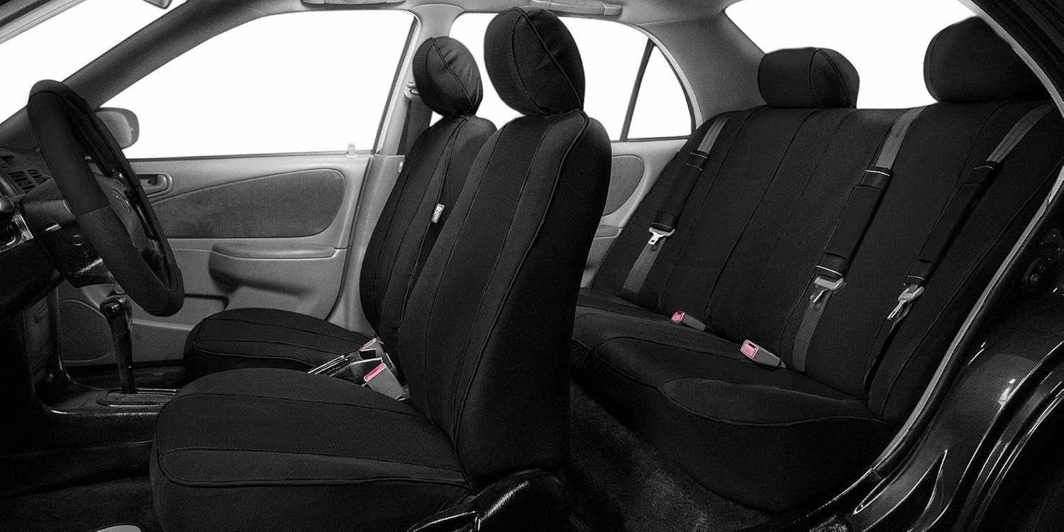 TLH Edgy Piping Style 3 Row 8 Seater Automotive Seat Covers Airbag Compatible Split Bench Car Seat Protector Black Color Universal Fit Seat Cover Set for for Cars Auto Trucks SUV