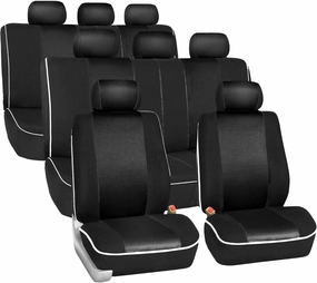 TLH Edgy Piping Style 3 Row 8 Seater Automotive Seat Covers Airbag Compatible Split Bench Car Seat Protector Black Color Universal Fit Seat Cover Set for for Cars Auto Trucks SUV