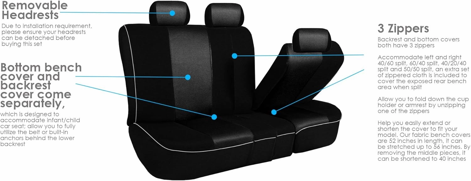 TLH Edgy Piping Style 3 Row 8 Seater Automotive Seat Covers Airbag Compatible Split Bench Car Seat Protector Black Color Universal Fit Seat Cover Set for for Cars Auto Trucks SUV