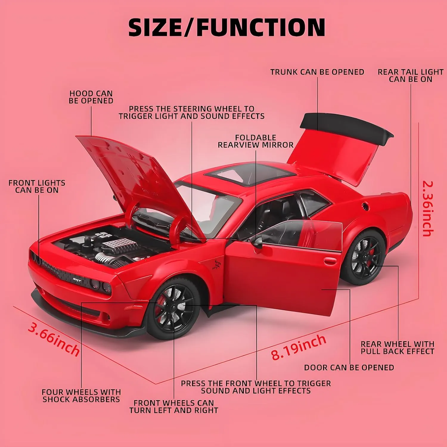 Toddler Toy Cars 1/24 Challenger Hellcat Die Cast Metal Toy Car,Collectible Cars Hellcat Model Car Boy Gifts,Pull Back Toy Car with Light and Sound,Toy Cars for Boys Age 4-7(Red)