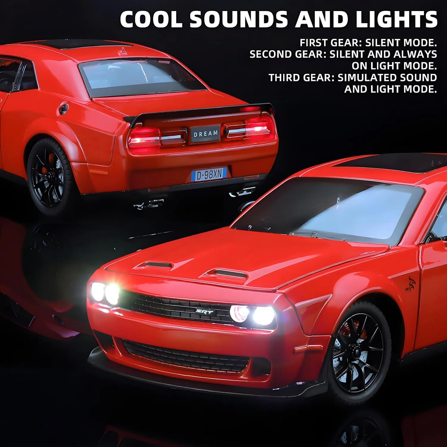 Toddler Toy Cars 1/24 Challenger Hellcat Die Cast Metal Toy Car,Collectible Cars Hellcat Model Car Boy Gifts,Pull Back Toy Car with Light and Sound,Toy Cars for Boys Age 4-7(Red)