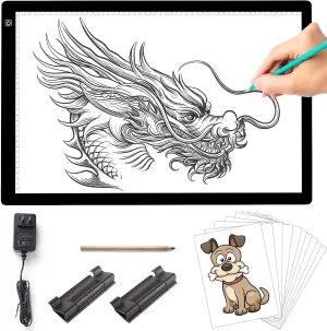 TOHETO A2 Artist Tracing Light Pad with 2 Clips, 12V2A Adapter Power Stepless Dimmable Brightness Large Artcraft Light Box Copy Board for Diamond Painting Weeding Vinyl Tattoo Drawing (23.7''x15.8'')