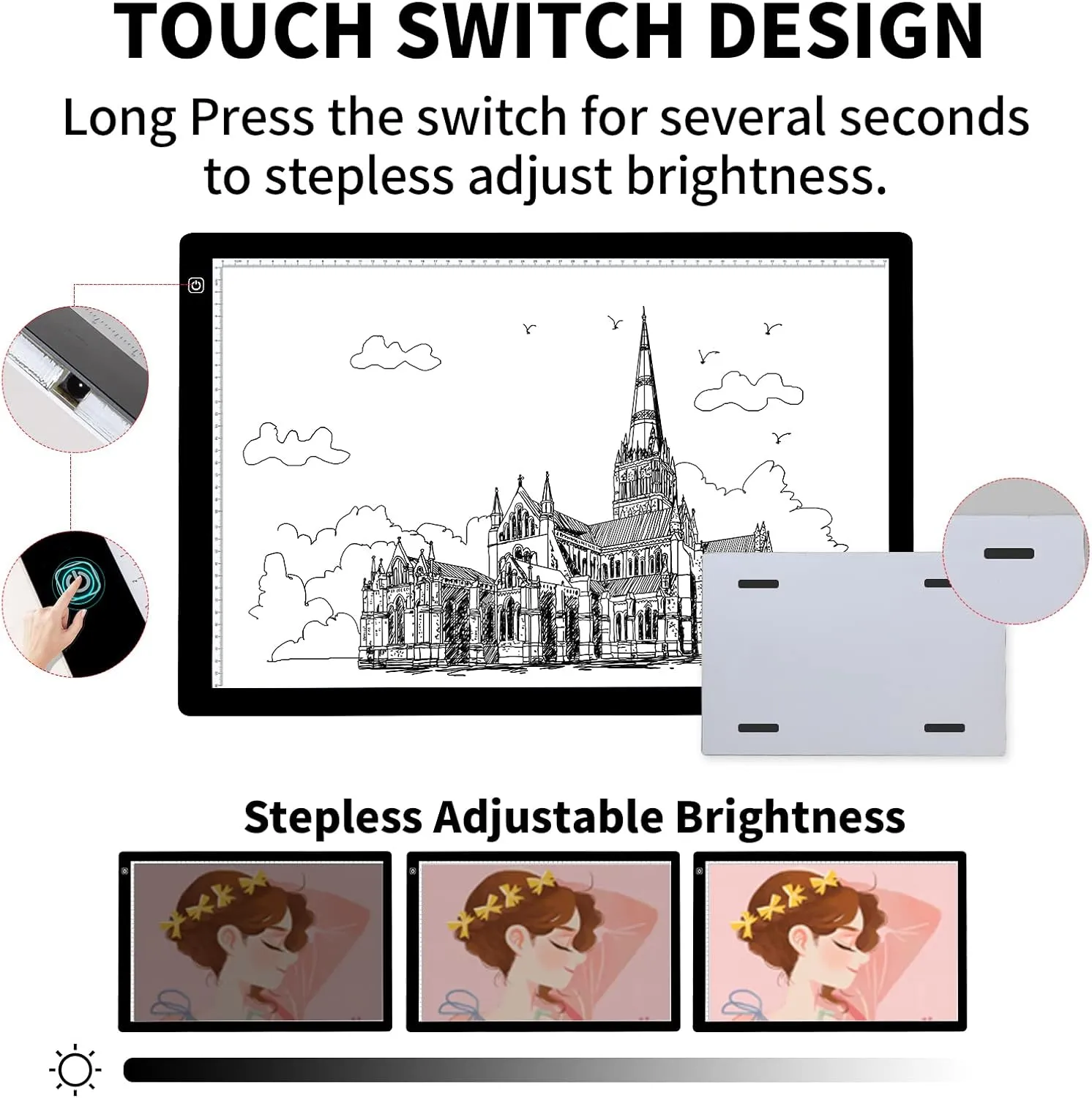 TOHETO A2 Artist Tracing Light Pad with 2 Clips, 12V2A Adapter Power Stepless Dimmable Brightness Large Artcraft Light Box Copy Board for Diamond Painting Weeding Vinyl Tattoo Drawing (23.7''x15.8'')