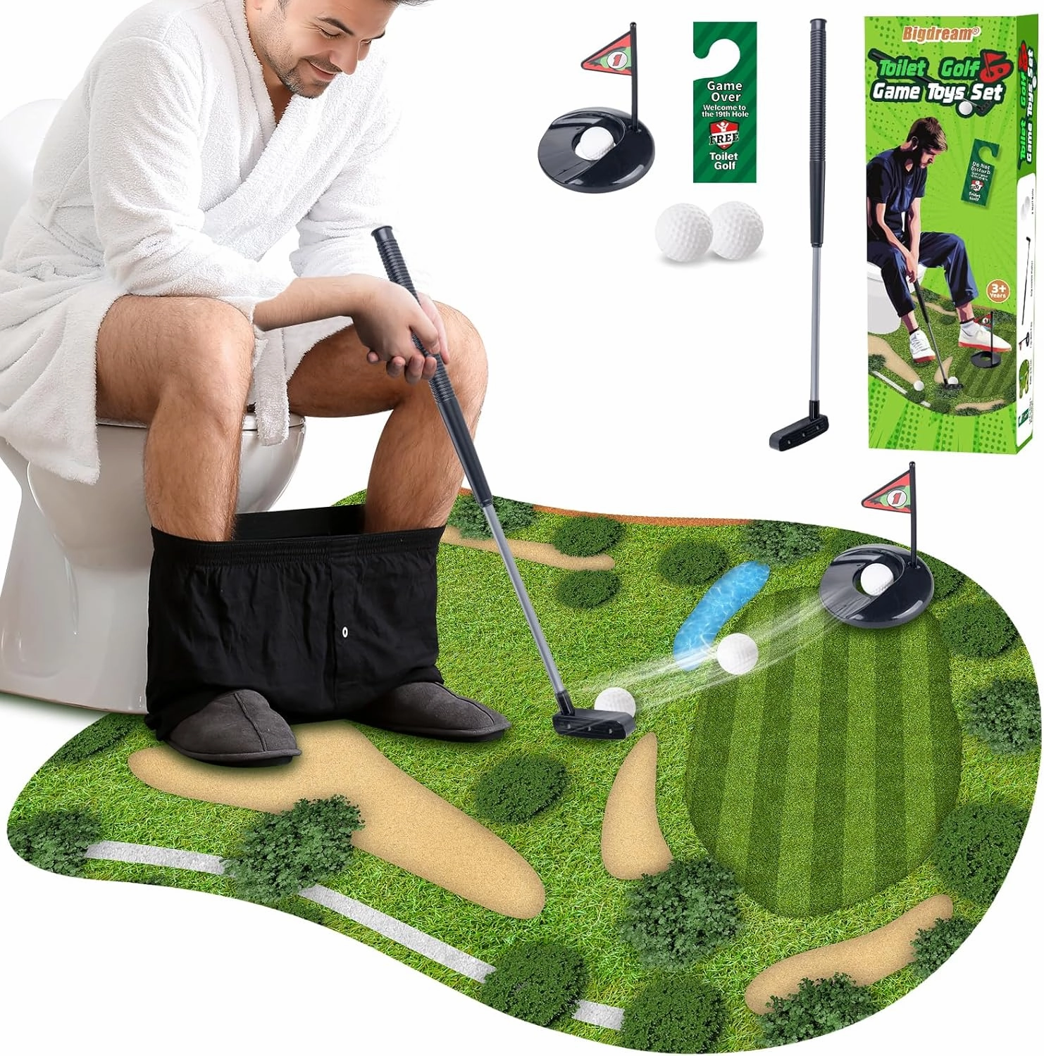 Toilet Golf Toys Set with Practice Mats Golf Club 2 Balls, Mini Golf Game in Restroom, Gifts from Wife Daughter Son Girlfriend Kids White Elephant Gifts for Dad Boyfriend Grandpa Husband