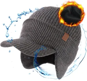 TOP-EX 50% Merino Wool Winter Hats Beanie with Brim Waterproof Warm Fleece Lined for Cold Weather