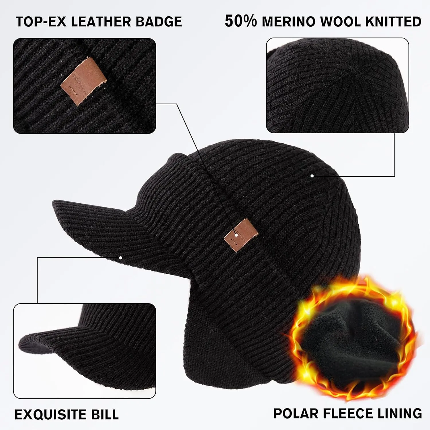 TOP-EX 50% Merino Wool Winter Hats Beanie with Brim Waterproof Warm Fleece Lined for Cold Weather