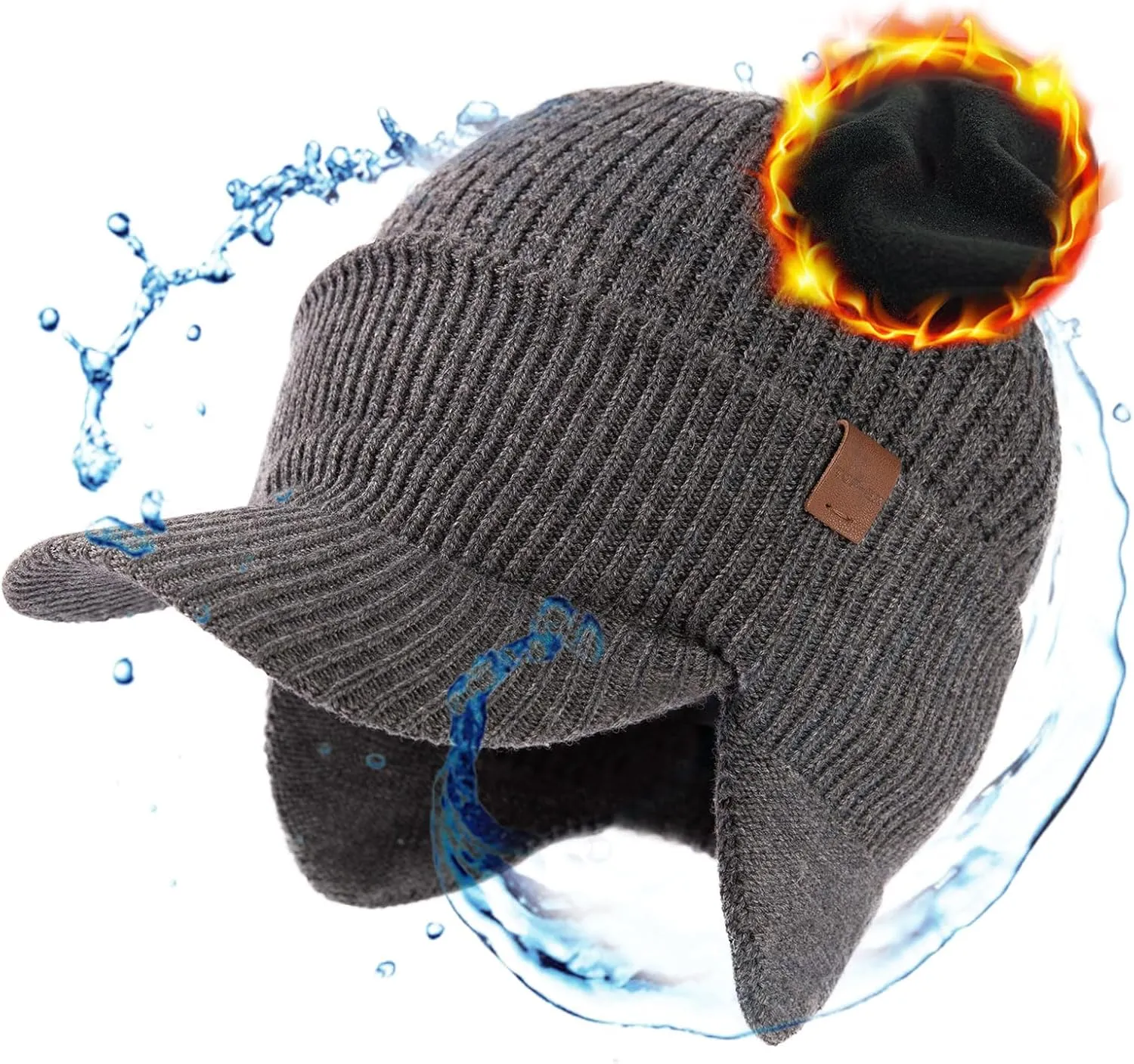 TOP-EX 50% Merino Wool Winter Hats Beanie with Brim Waterproof Warm Fleece Lined for Cold Weather