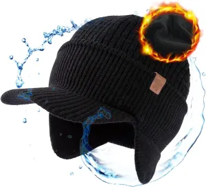 TOP-EX 50% Merino Wool Winter Hats Beanie with Brim Waterproof Warm Fleece Lined for Cold Weather