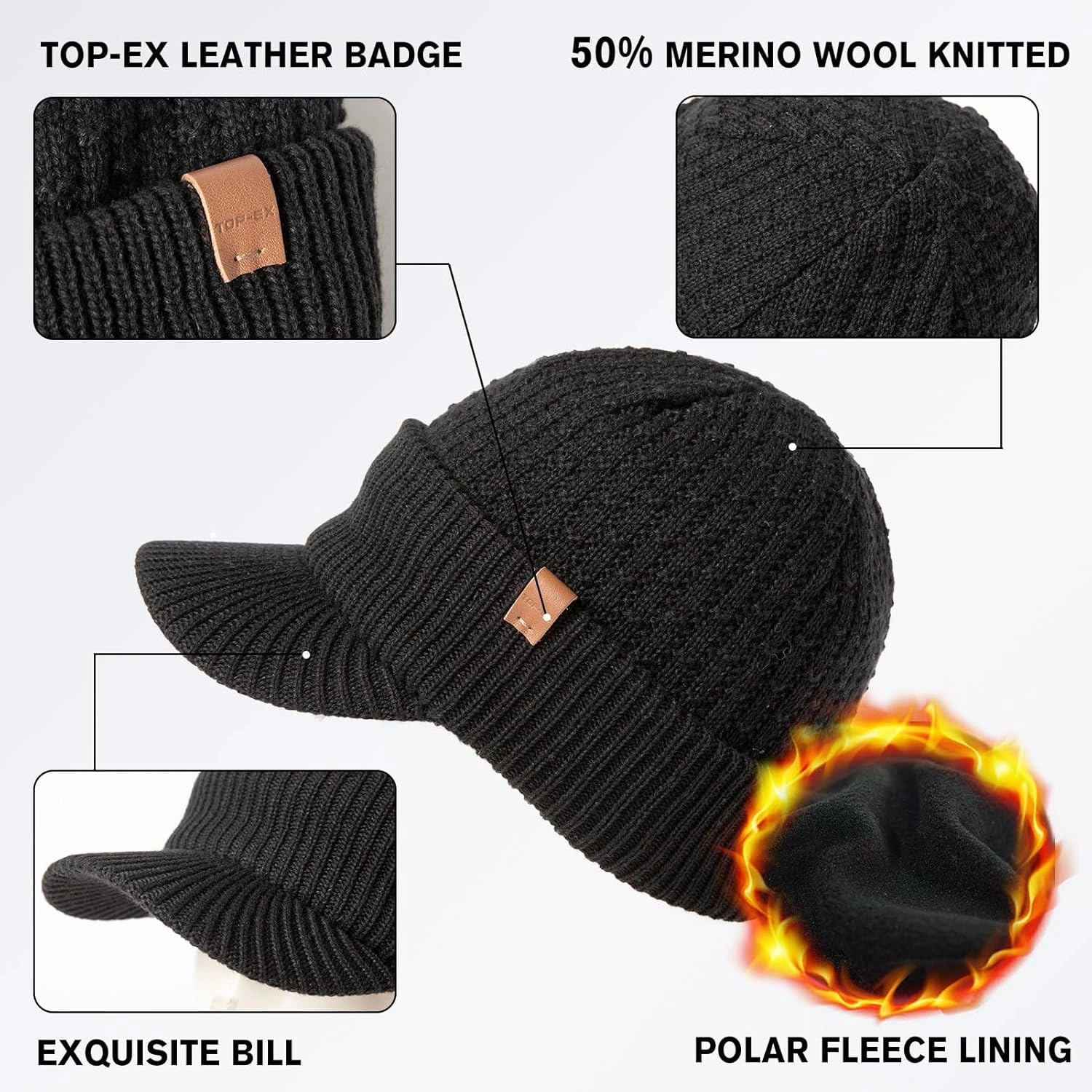 TOP-EX 50% Merino Wool Winter Hats Beanie with Brim Waterproof Warm Fleece Lined for Cold Weather