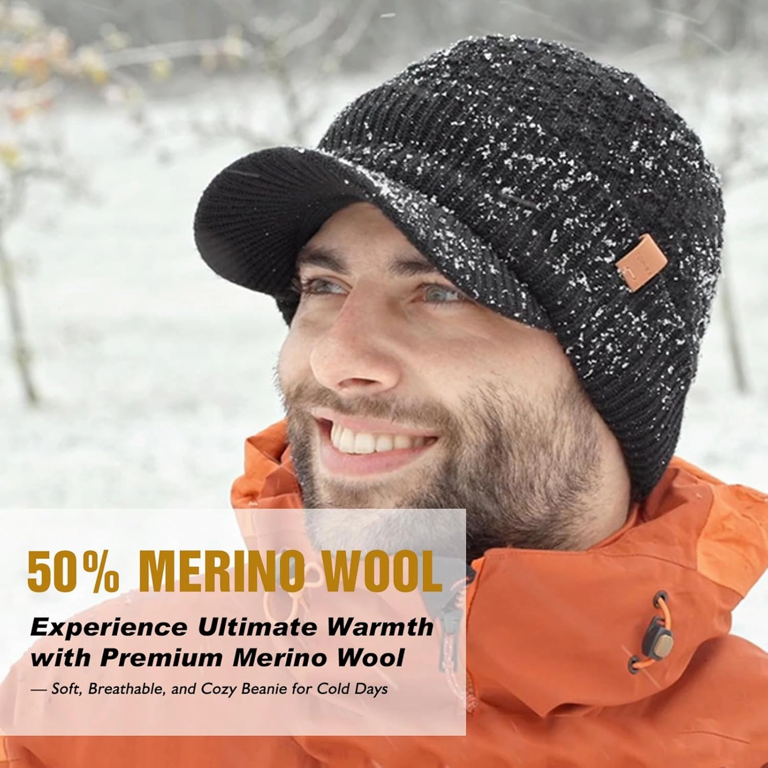 TOP-EX 50% Merino Wool Winter Hats Beanie with Brim Waterproof Warm Fleece Lined for Cold Weather
