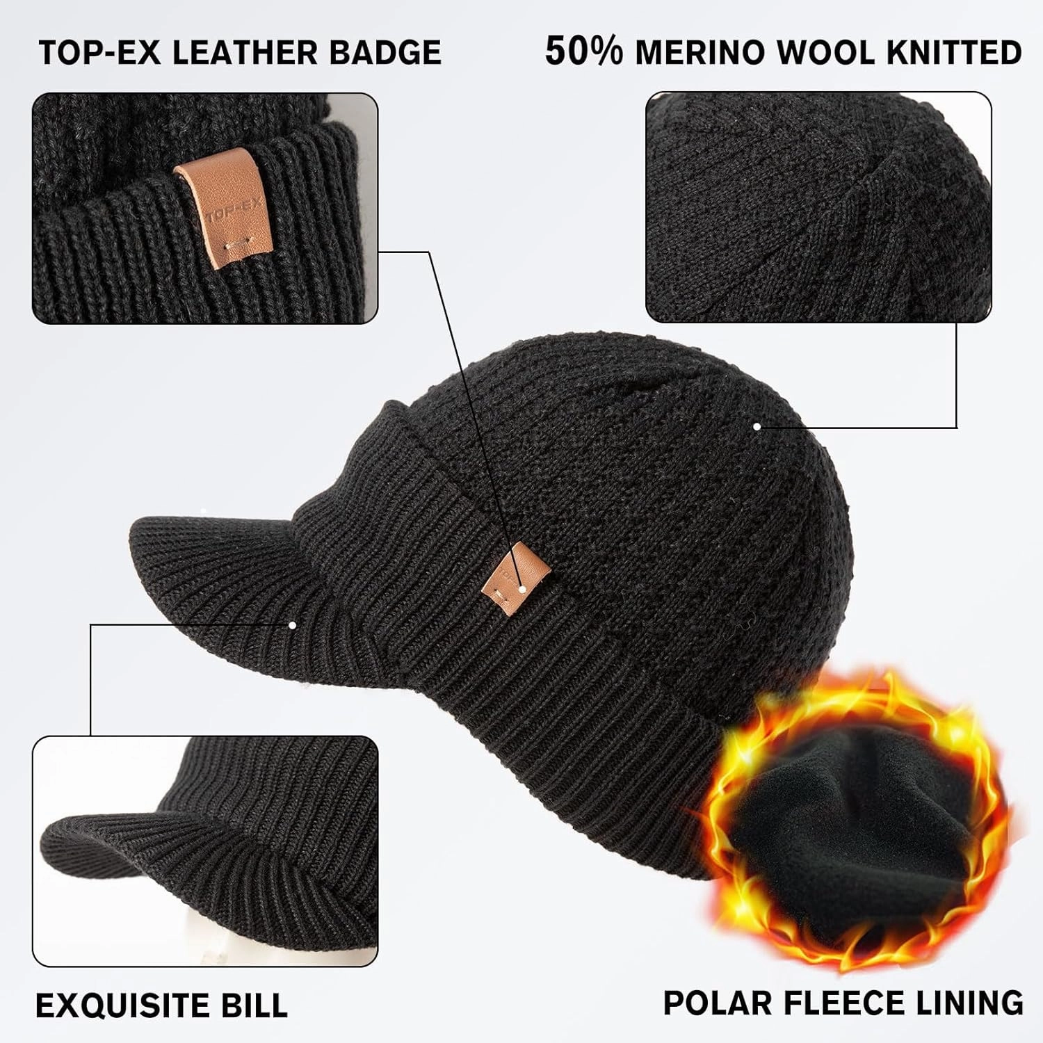 TOP-EX 50% Merino Wool Winter Hats Beanie with Brim Waterproof Warm Fleece Lined for Cold Weather