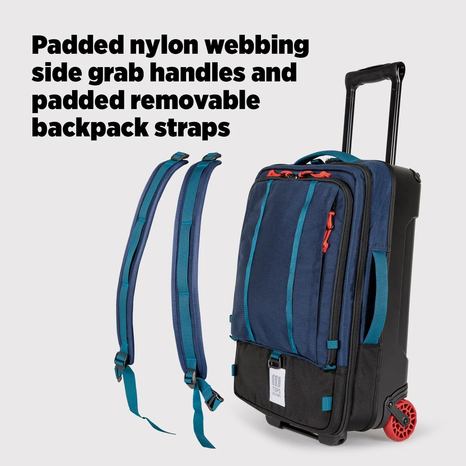 Topo Designs Global Travel Roller Bag Suitcase, 44L Carry-On, 3 Handles, Smooth Heavy Duty Wheels, Telescoping Handle, Durable   Rugged, WRAP Certified (Navy/Sahara)