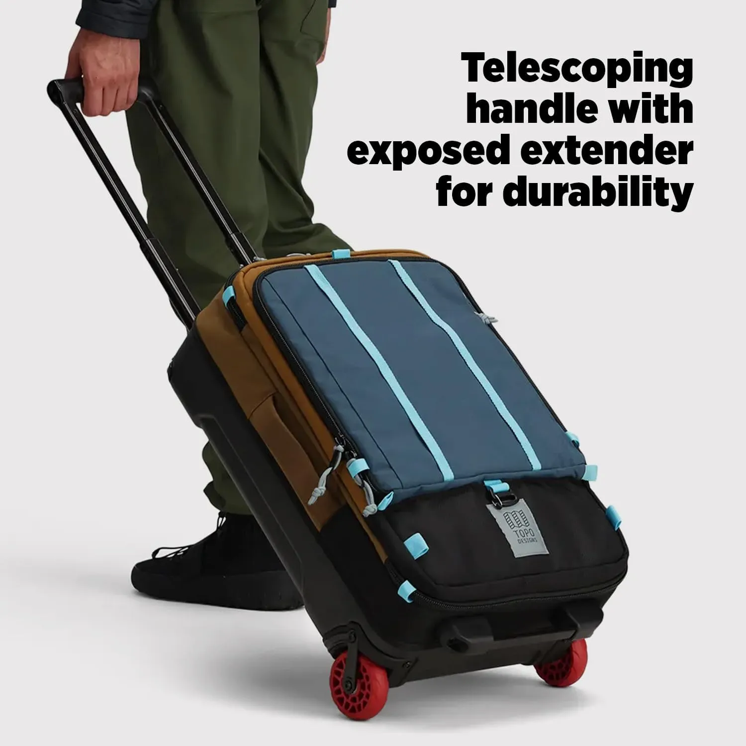 Topo Designs Global Travel Roller Bag Suitcase, 44L Carry-On, 3 Handles, Smooth Heavy Duty Wheels, Telescoping Handle, Durable   Rugged, WRAP Certified (Navy/Sahara)