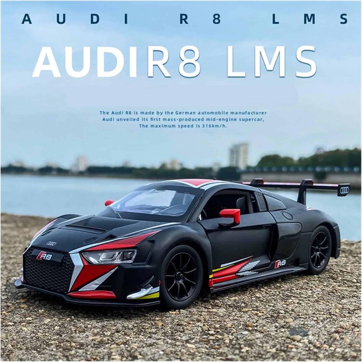 Toy car Model 1/24 for Audi R8 LMS Alloy Racing Car Model Diecasts Sports Toy with Sound and Light Gift (Color : White)