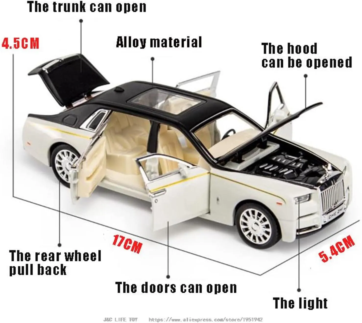 Toy car Model 1/32 Alloy DieCast for Rolls-Royce Phantom Car Model Toy with Sound Light Toys for Boy Gift (Color : White)