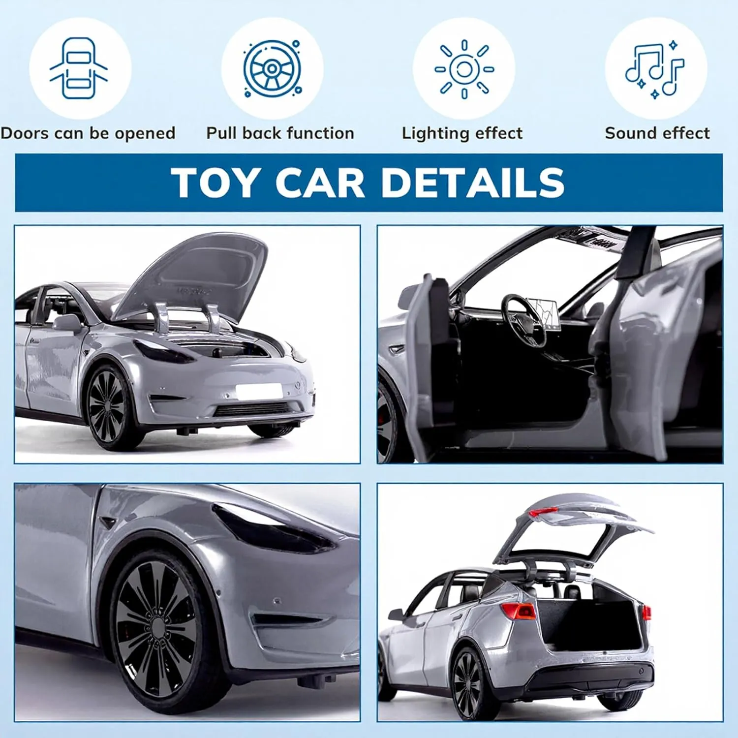 Toy Cars for Boys Diecast Car 1 24 Scale Y Toy Car,Collectible Die Cast Model Cars,Metal Pull Back Cars with Lights and Sounds,Toy Cars for Boys Age 4-7（Grey）
