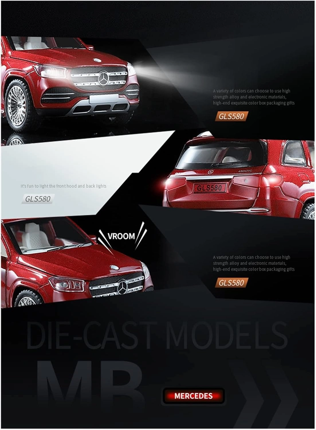 Toy car Model 1:24 for BENZS GLS580 Car Model Alloy Die Cast Toy Car Model Sound and Light Pull Back Children's Toy Gift (Color : Black)