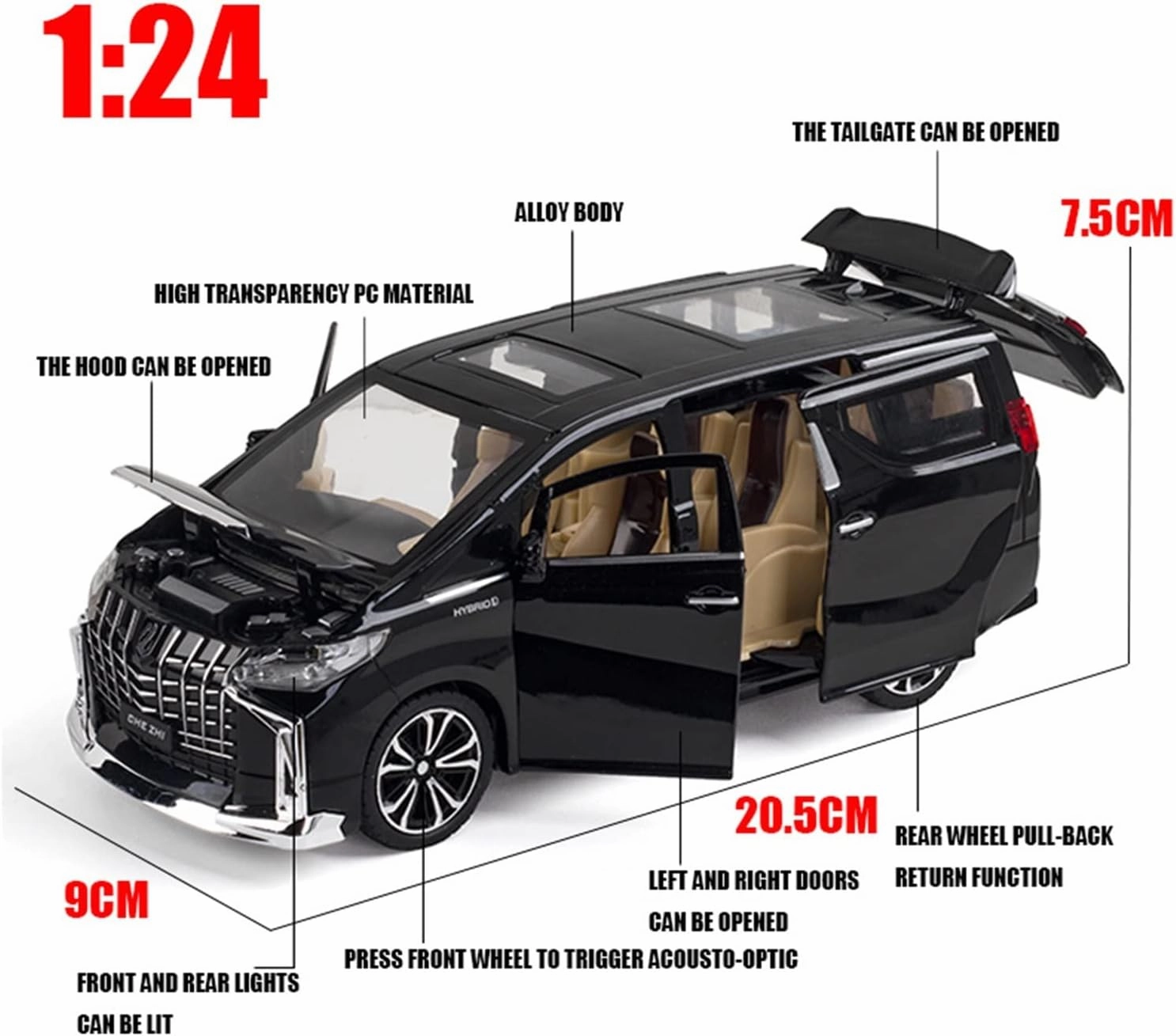 Toy car Model 1:24 for Toyota Alphard MPV Car Model Die Cast Alloy Boys Toys Cars Diecasts Supercar Collectibles Kids Toys (Color : White)
