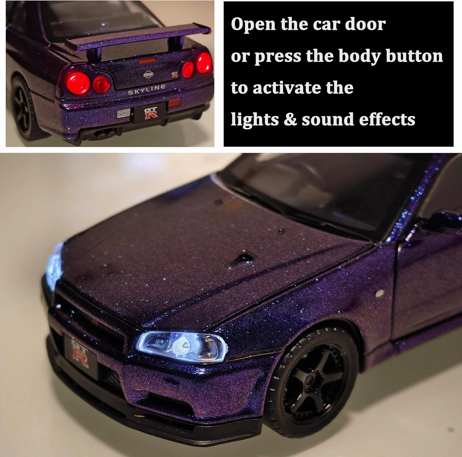 Toy Car Skyline GTR R34 1/32 Die-cast Toy Cars Metal Model Car Toys with Light and Sound Pull Back Collectible Model for Children Age 3   Year Old Festival Gift(Gradient Purple)