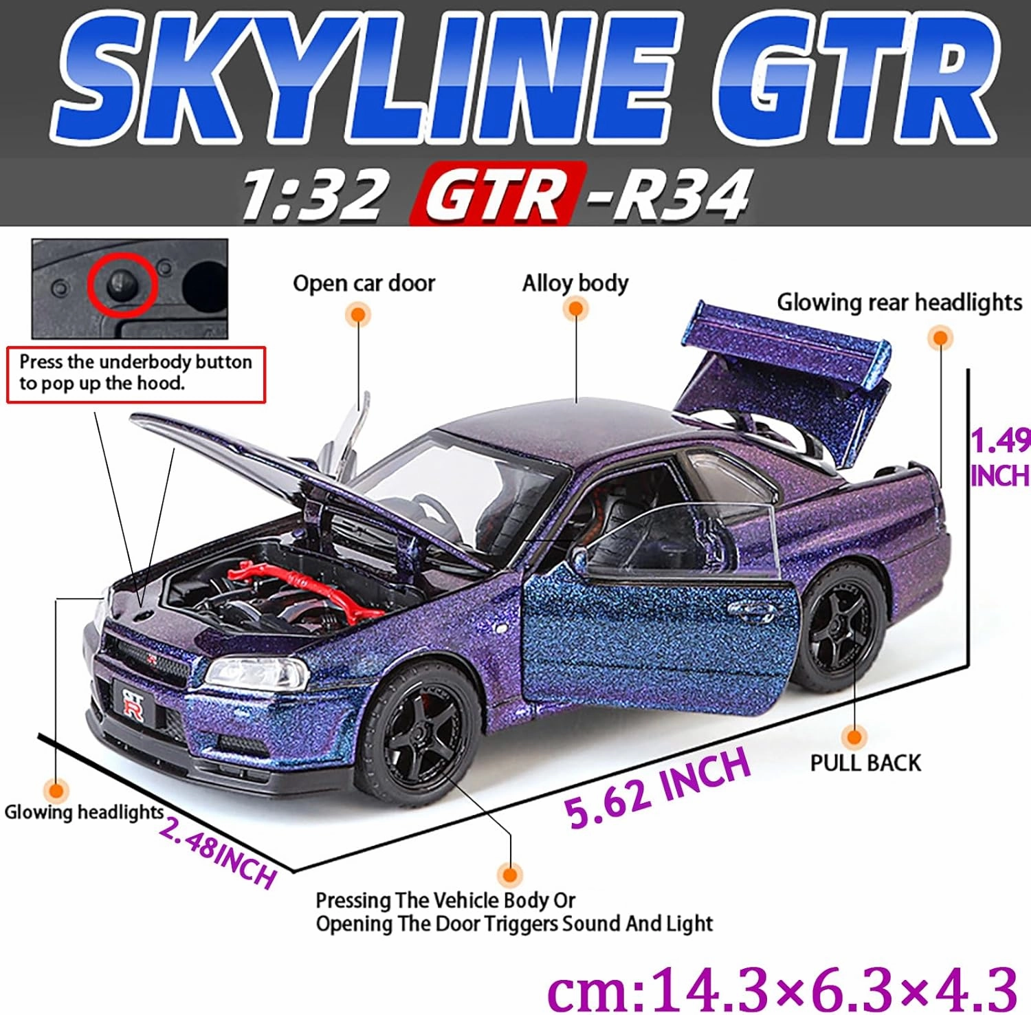 Toy Car Skyline GTR R34 1/32 Die-cast Toy Cars Metal Model Car Toys with Light and Sound Pull Back Collectible Model for Children Age 3   Year Old Festival Gift(Gradient Purple)