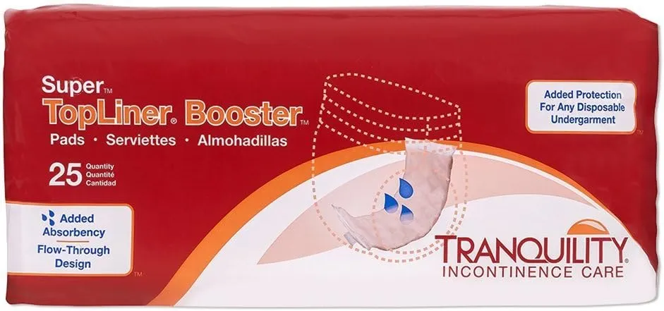 Tranquility TopLiner Disposable Booster Pads, Super (15" x 4.25"), Flow-Through Design with Adhesive Strip for Max Absorption, Adult Unisex, 25ct Bag