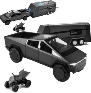 Truck Toy, Car Toy with RV, Motorcycle Cybertquad and Truck, 1/32 Alloy Diecast Pickup Trailer Model Kit with Light and Sound, for Kids Aged 6 and Up - Black