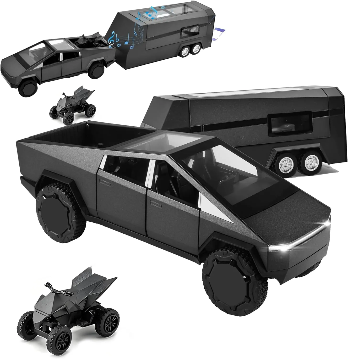 Truck Toy, Car Toy with RV, Motorcycle Cybertquad and Truck, 1/32 Alloy Diecast Pickup Trailer Model Kit with Light and Sound, for Kids Aged 6 and Up - Black